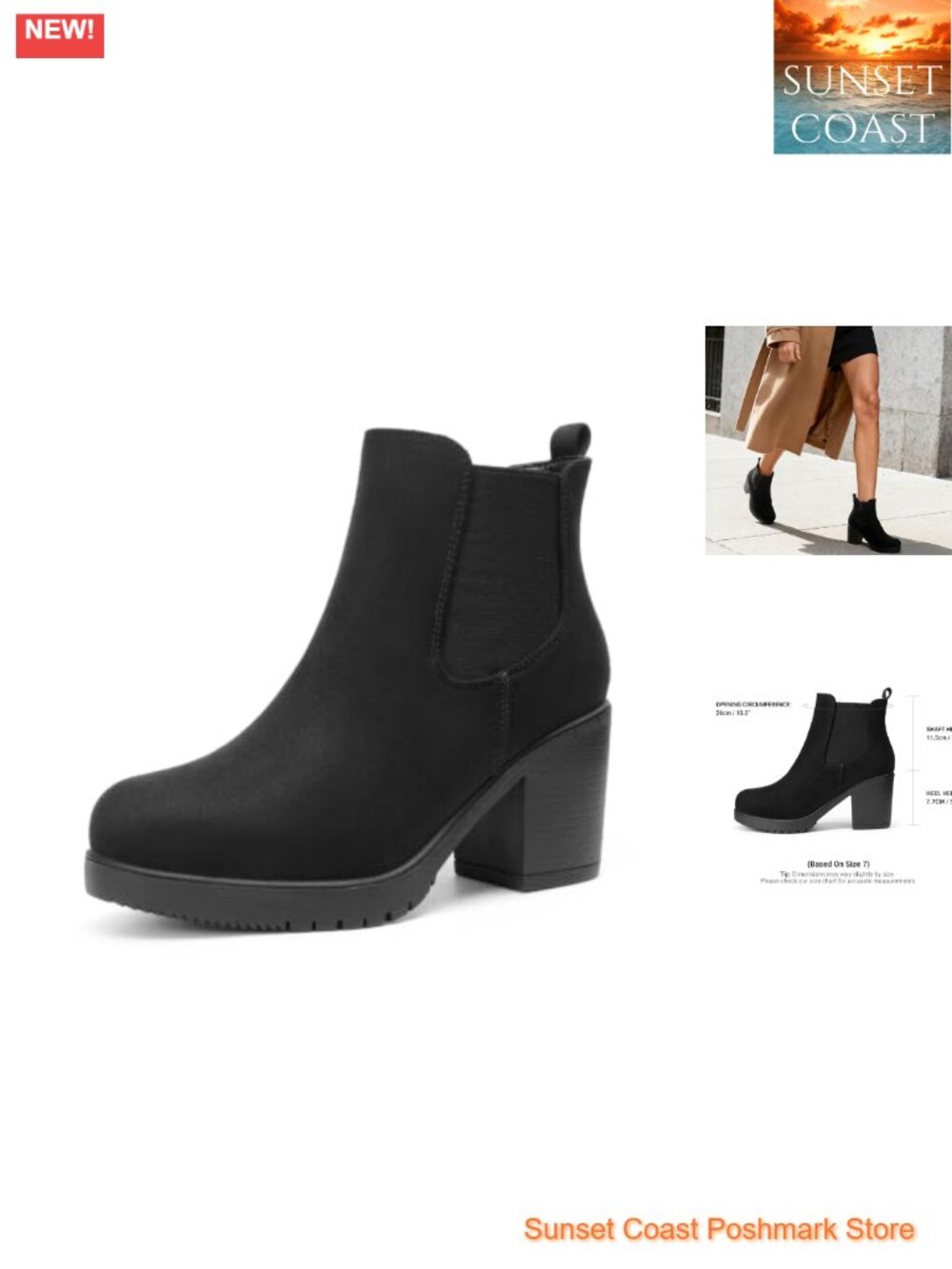 Chelsea Ankle Boots Block Heel Faux Suede Vegan Leather Fall Winter Booties